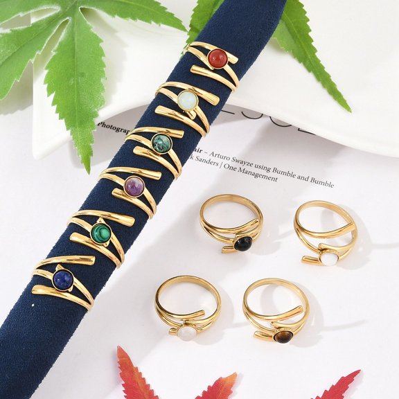 304 Stainless Steel Open Cuff Rings Natural Gemstone Ring for Women Real 18K Gold Plated Ion Plating(IP) 18mm Inner Diameter: 19mm