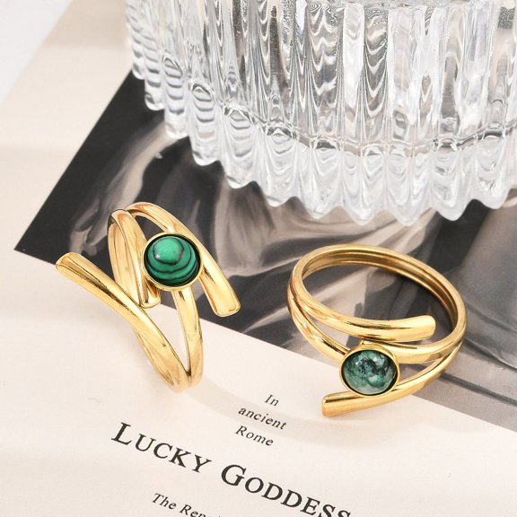 304 Stainless Steel Open Cuff Rings Natural Gemstone Ring for Women Real 18K golden Plated Ion Plating(IP) 18mm Inner Diameter: 19mm