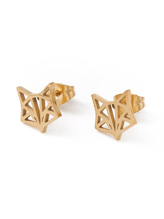 304 Stainless Steel Origami Fox Head Stud Earrings for Women Golden 9.5x9mm Pin: 0.7mm