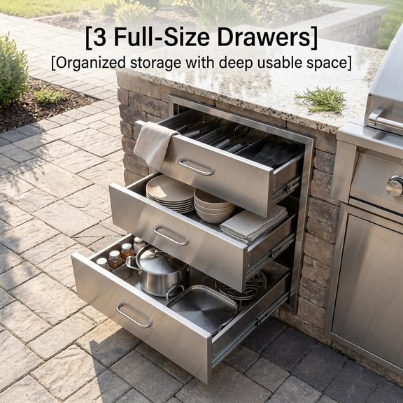 304 Stainless Steel Outdoor Drawers, Outdoor Kitchen Drawers for DIY Outdoor Kitchen, Bezel-Less Drawers with Three-Tier Storage Drawers