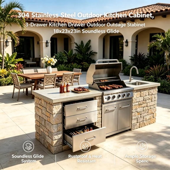 304 Stainless Steel Outdoor Kitchen Cabinet, 3-Drawer Kitchen Drawer Outdoor Storage Cabinet 18x23x23in Soundless Glide Rustproof Heat Resistant for BBQ Patio Backyard