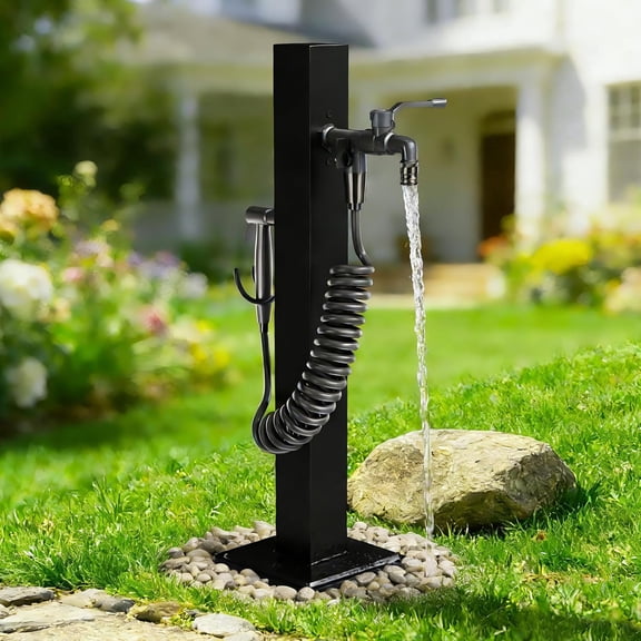 304 Stainless Steel Outdoor Vertical Square Garden Water Column, Freestanding Hose Stand with 2 in 1 Double Brass Faucet and Spray Gun, Black Yard Hydrant for Backyard and Irrigation
