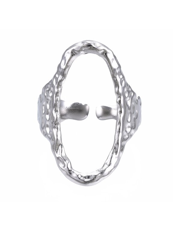 304 Stainless Steel Oval Open Cuff Ring Hollow Chunky Ring for Women Stainless Steel Color US Size 6 3/4(17.1mm)