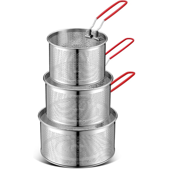 304 Stainless Steel Pasta Strainer Baskets, 3 Pack Professional Noodle Blanching Baskets with Long Removable Handles