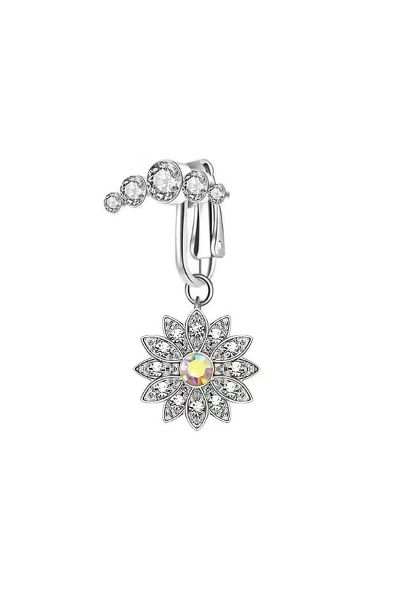 304 Stainless Steel Pave Clear Cubic Zirconia Clip on Belly Rings Stainless Steel color Flower 31mm 304 Stainless Steel