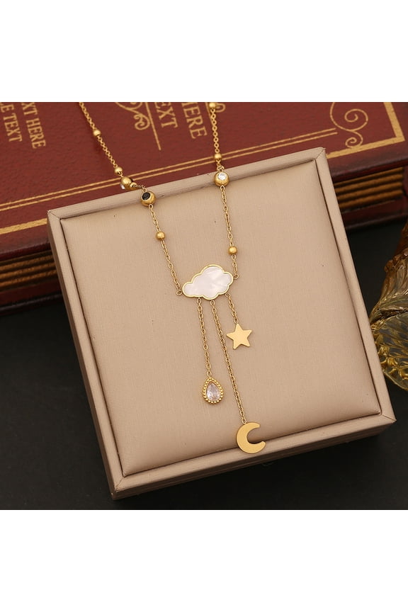 304 Stainless Steel Pave Clear Cubic Zirconia Cloud Moon with Tassel Pendant Necklaces Golden 17.72 inch(45cm)
