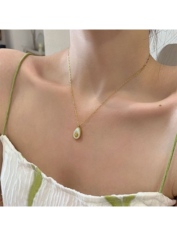 304 Stainless Steel Pave Natural White Shell Avocado Pendants Necklaces for Women Golden 15.75 inch(40cm)