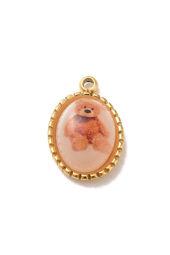 304 Stainless Steel Pave Resin Oval Charms with Bear Real 14K golden Plated 11.5x7.5x4mm Hole: 1mm