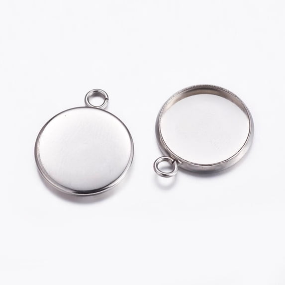 304 Stainless Steel Pendant Cabochon Settings Plain Edge Bezel Cups Flat Round Stainless Steel Color Tray: 14mm 19.5x16x2mm Hole: 2.2mm