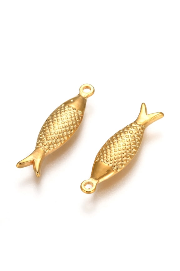 304 Stainless Steel Pendant Ion Plating(IP) Fish Real 18K Gold Plated 21x6x2.5mm Hole: 1.5mm
