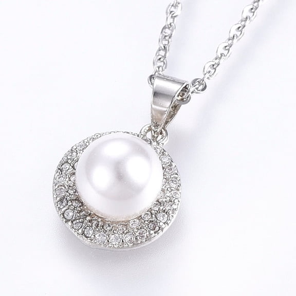 304 Stainless Steel Pendant Necklaces with Cubic Zirconia and Acrylic Imitation Pearl Flat Round Stainless Steel color 17.71 inch(45cm) Pendant: 18x12x8.5mm