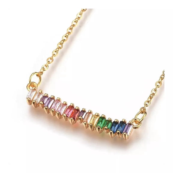 304 Stainless Steel Rectangular Pendant Necklace Cubic Zirconia Gold 18.8 Inch(48cm) 0.5mm Bar Lobster Clasp P375
