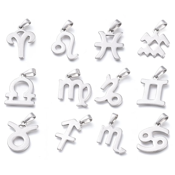 304 Stainless Steel Pendants 12 Constellation/Zodiac Sign Charms Stainless Steel color 27~34.5x19~29x1.5mm Hole: 9.5~10x4~4.5mm 1pcs/style 12pcs/set