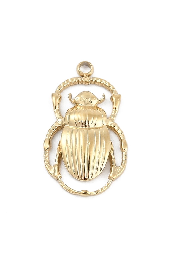 304 Stainless Steel Pendants Beetle Charm Ion Plating(IP) Real 18K Gold Plated 20x12x2.5mm Hole: 1.5mm