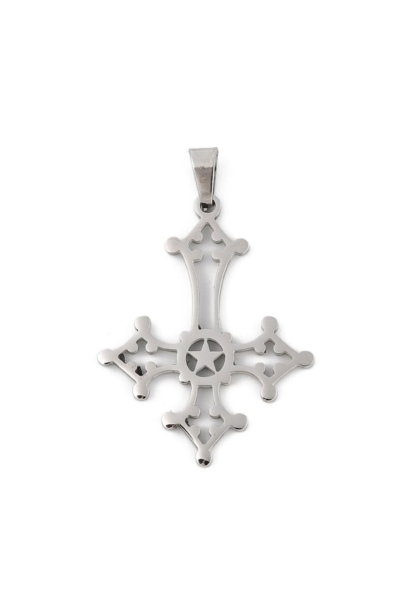 304 Stainless Steel Pendants Christian Upside Down with Star Charm Saint Peter's Stainless Steel Color 37.5x29.5x1.5mm Hole: 7.5x3.5mm