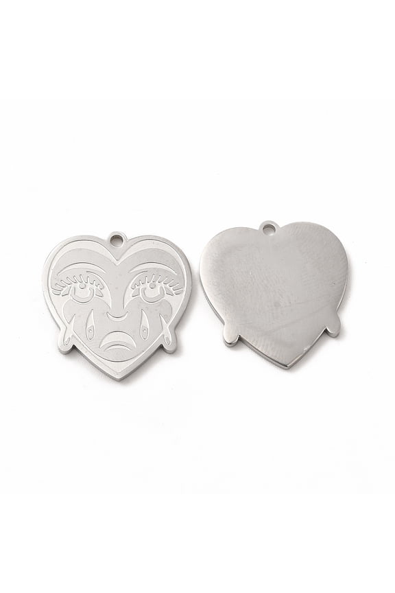 304 Stainless Steel Pendants Crying Face Heart Charms Stainless Steel Color 20x19x1.4mm Hole: 1.5mm DIY