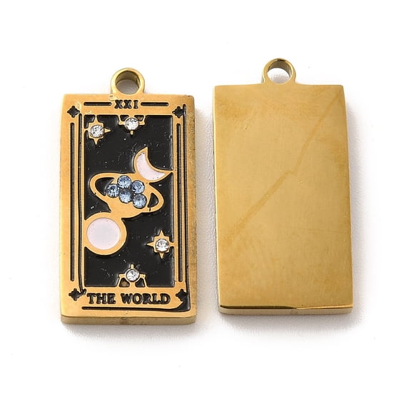 304 Stainless Steel Pendants with Enamel and Rhinestone Golden Rectangle with Tarot Pattern The World XXI Black 21x10.5x2mm Hole: 1.5mm for DIY making