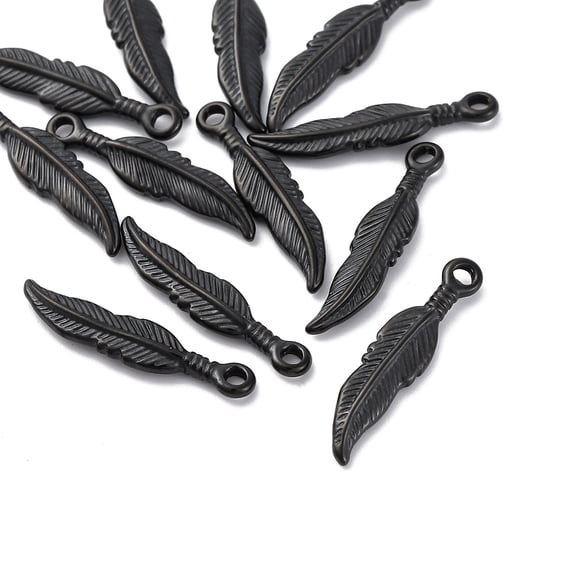 304 Stainless Steel Pendants Feather Gunmetal 25.5x6x2.5mm Hole: 2mm