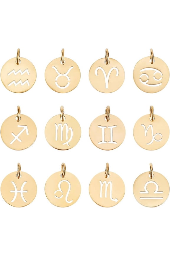 304 Stainless Steel Pendants Flat Round with Constellation/Zodiac Sign Golden 12x1mm Hole: 3mm 12pcs/set DIY