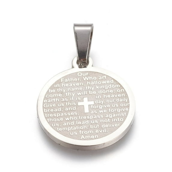304 Stainless Steel Pendants Flat Round with Lord's Prayer Cross Stainless Steel Color