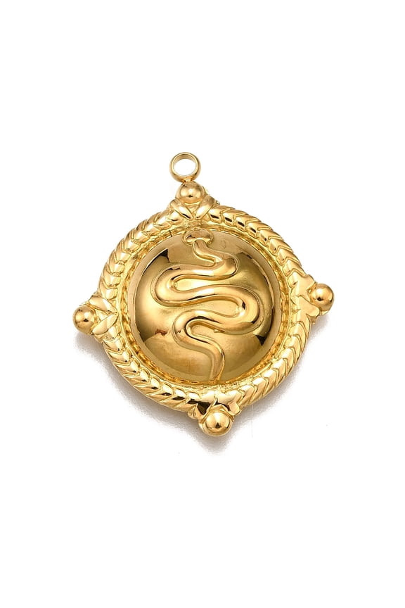 304 Stainless Steel Pendants Flat Rounnd with Snake Charm Real 18K golden Plated 26.5x23.5x6mm Hole: 2mm