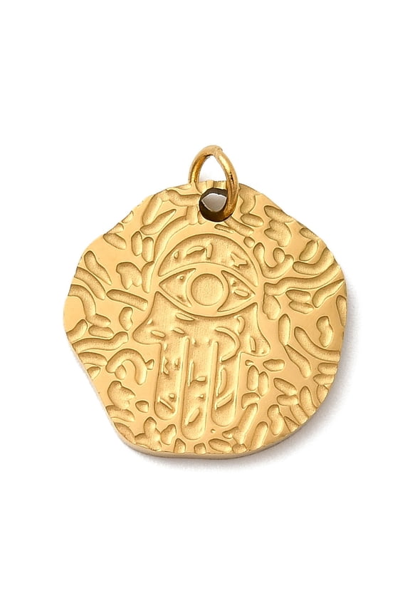 304 Stainless Steel Pendants Hamsa Hand Charms Ion Plating(IP) Real 18K Gold Plated 14.5x14.5x1.2mm Hole: 2.5mm