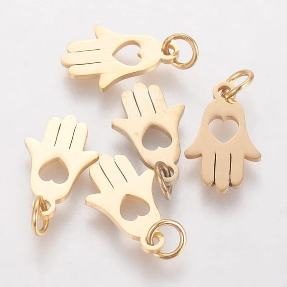304 Stainless Steel Pendants Hamsa Hand/Hand of Fatima/Hand of Miriam with Heart Golden 15x9.5x1mm Hole: 4mm