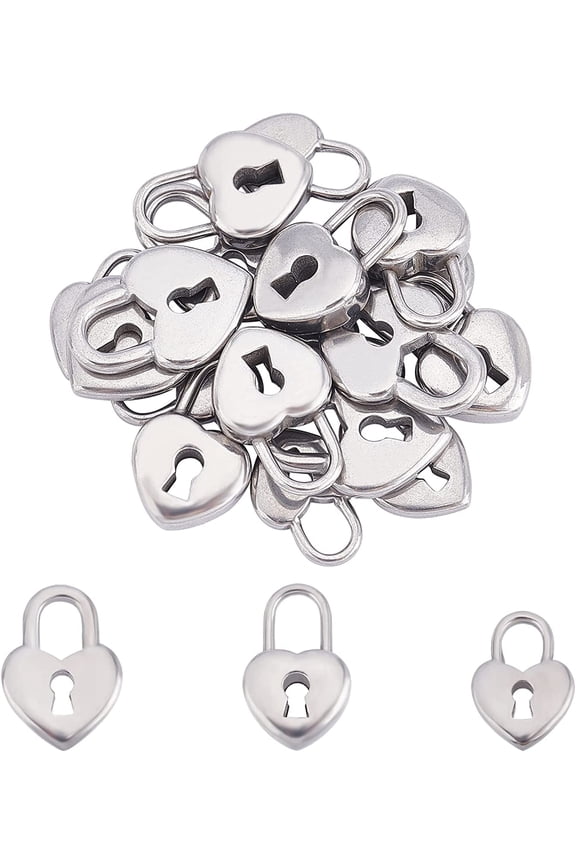 304 Stainless Steel Pendants Heart Lock Stainless Steel Color 18pcs/box