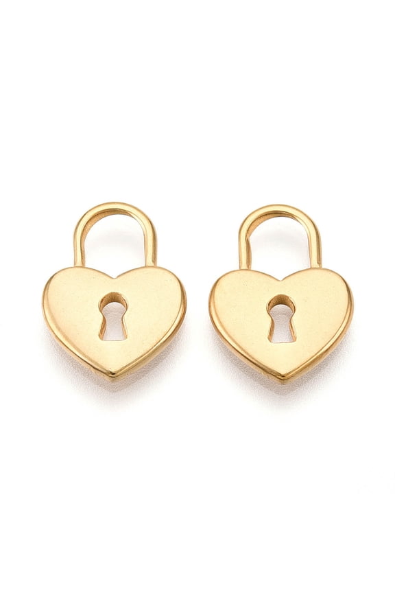 304 Stainless Steel Pendants Ion Plating(IP) Heart Padlock Charms Real 18K golden Plated 16.5x12x2mm Hole: 6x5mm