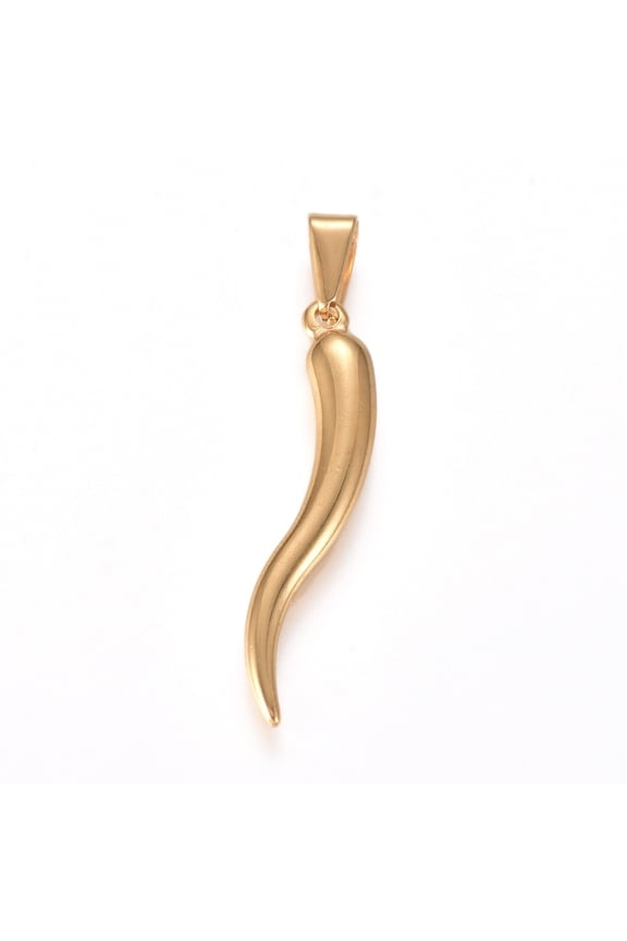 304 Stainless Steel Pendants Italian Horn Ion Plating(IP) Real 18K Gold Plated 35x7x4mm Hole: 8x3mm