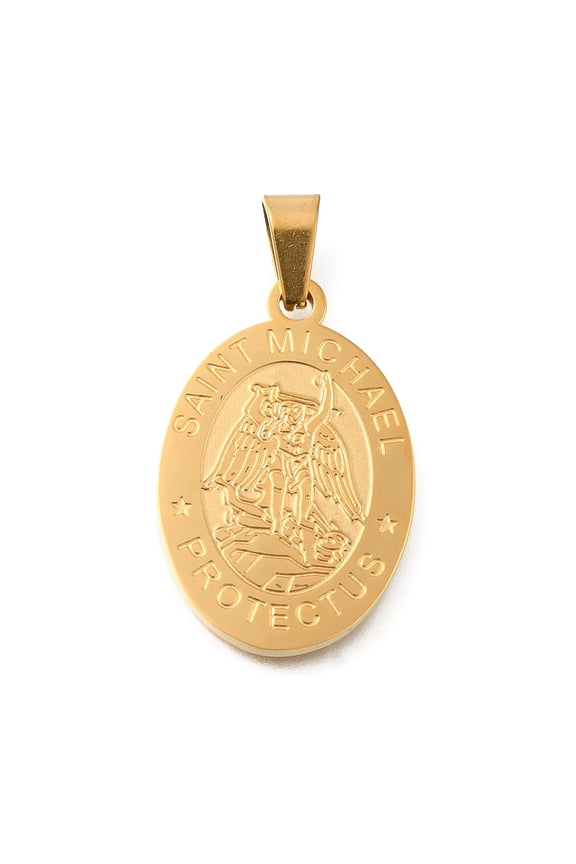 304 Stainless Steel Pendants Oval with Saint Michael Charm Real 18K golden Plated 27x18x2mm Hole: 6x3mm DIY