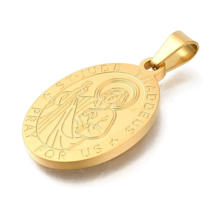 304 Stainless Steel Pendants Oval with St. Jude Charm Religion Real 18K golden Plated 27x18x2mm Hole: 6x3mm
