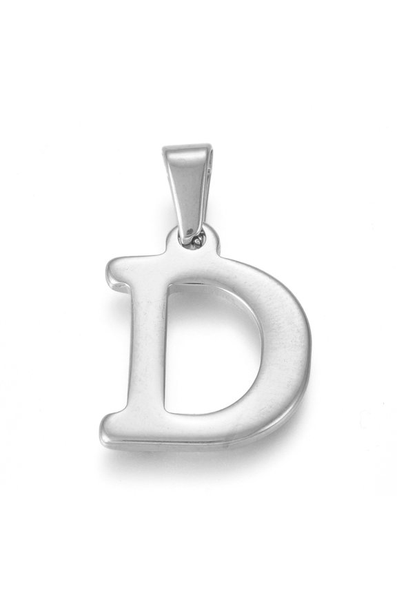 304 Stainless Steel Pendants Stainless Steel color Initial Letter.D 20x16x1.8mm Hole: 3x7mm