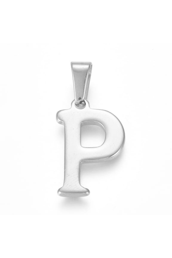 304 Stainless Steel Pendants Stainless Steel color Initial Letter.P 20x12.5x1.8mm Hole: 3x7mm