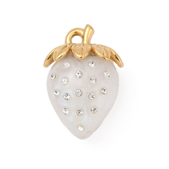 304 Stainless Steel Pendants Strawberry with Resin and Rhinestone Ion Plating(IP) Real 18K Gold Plated White 31x21.5x15mm Hole: 2.5mm