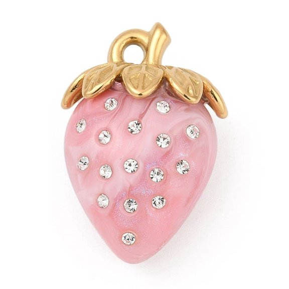 304 Stainless Steel Pendants Strawberry with Resin and Rhinestone Ion Plating(IP) Real 18K golden Plated Pearl Pink 31x21.5x15mm Hole: 2.5mm