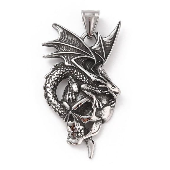 304 Stainless Steel Pendants with 201 Stainless Steel Snap on Bails Dragon with Charms Silver 48.5x27x7mm Hole: 9x4.5mm