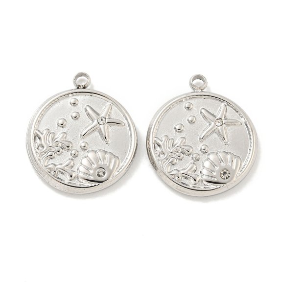 304 Stainless Steel Pendants with Crystal Rhinestone Flat Round with Shell & Starfish Charms Stainless Steel color 17x14.5x2mm Hole: 1.4mm