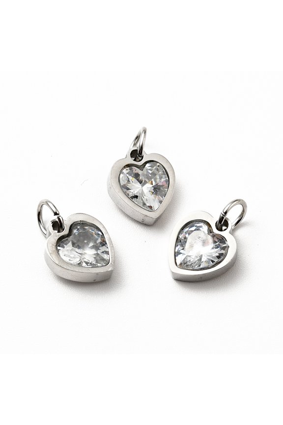 304 Stainless Steel Pendants with Cubic Zirconia and Jump Rings Single Stone Charms Heart Stainless Steel Color Clear 9x8x3mm Hole: 3.6mm
