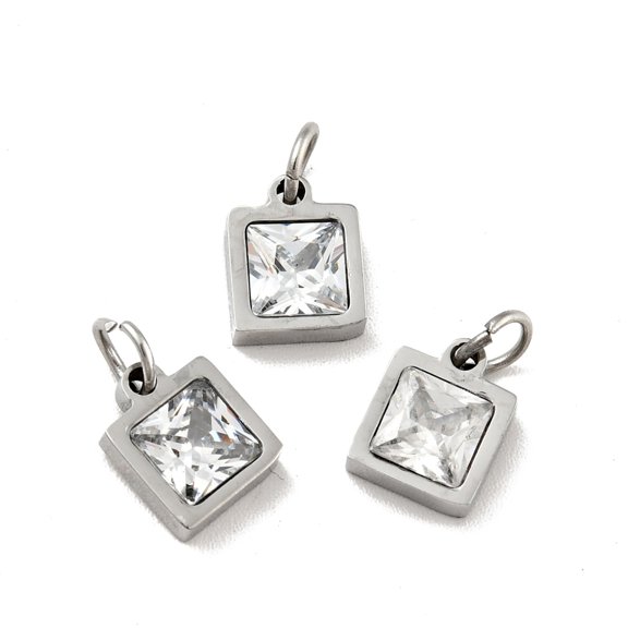 304 Stainless Steel Pendants with Cubic Zirconia and Jump Rings Single Stone Charms Square Stainless Steel color Clear 8.5x7x3mm Hole: 3.6mm