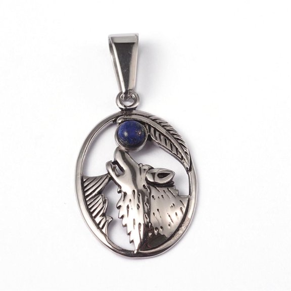304 Stainless Steel Pendants with Lazuli Oval with Wolf Silver 29x19x5mm Hole: 10x5mm DIY