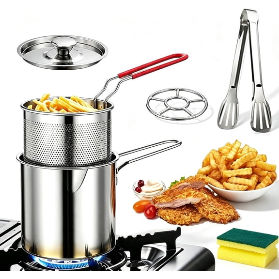 304 Stainless Steel Personal Deep Fryer Multifunctional Mini Fry Pot with Handle & Strainer Basket, Food-Grade Safe for Fish, Shrimp, Chicken & French Fries (M)