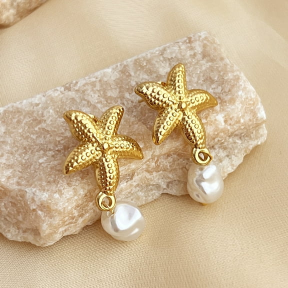 304 Stainless Steel Plastic Pearl Dangle Stud Earrings Golden Starfish 37x19mm