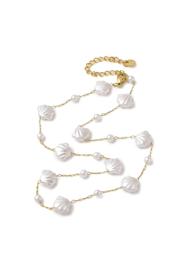 304 Stainless Steel Plastic Pearl Link Chain Necklaces for Women Real 18K Gold Plated Shell Shape 14.57 inch(37cm)