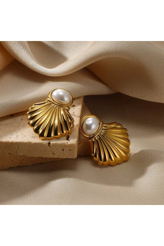 304 Stainless Steel Plastic Pearl Stud Earrings for Women Shell Shape Real 18K Gold Plated 32x25mm DIY