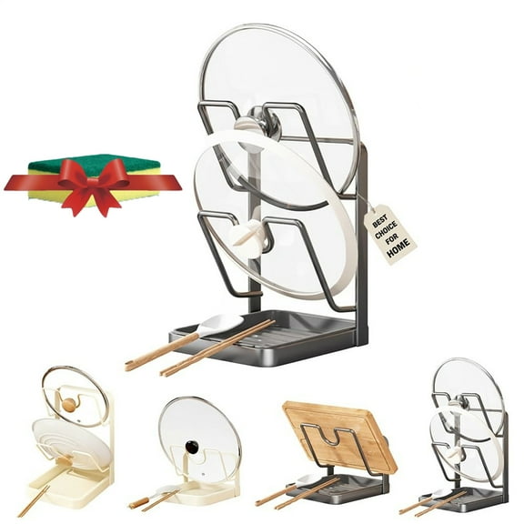 304 Stainless Steel Pot Lid Holder While Cooking & Spoon Rest, Kitchen Pot Lid Storage Rack with Pot Lid Holder for Counter Stove Top