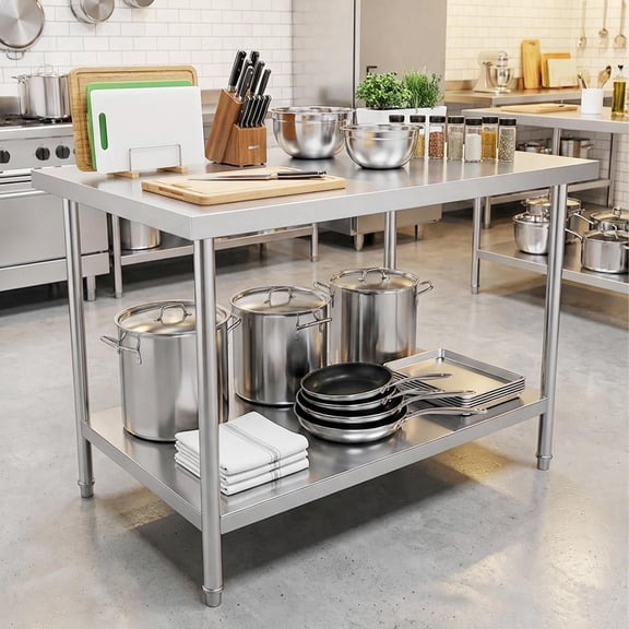 304 Stainless Steel Prep Table, 48"x30" Metal Work Table, with Rounded-Corner Backsplash, Adjustable Undershelf and Feet, Solid Reinforced Tabletop for Restaurant Hotel Kitchen Workshop
