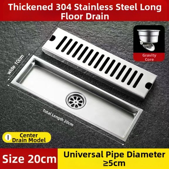 304 Stainless Steel Rectangular Floor Drain With Dual Filtration, Flush Mount For Bathroom Shower, Rust Resistant Long Strip Waste Trap, 20Cm(20cm)