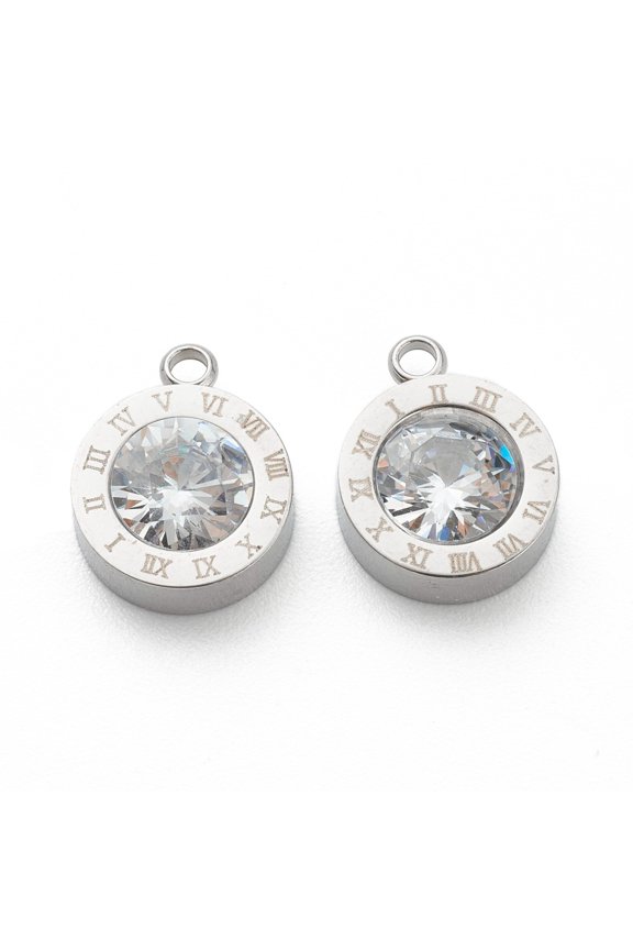 304 Stainless Steel Rhinestone Charms Flat Round with Roman Numerals Crystal Stainless Steel Color 14x11x4.5mm Hole: 1.8mm