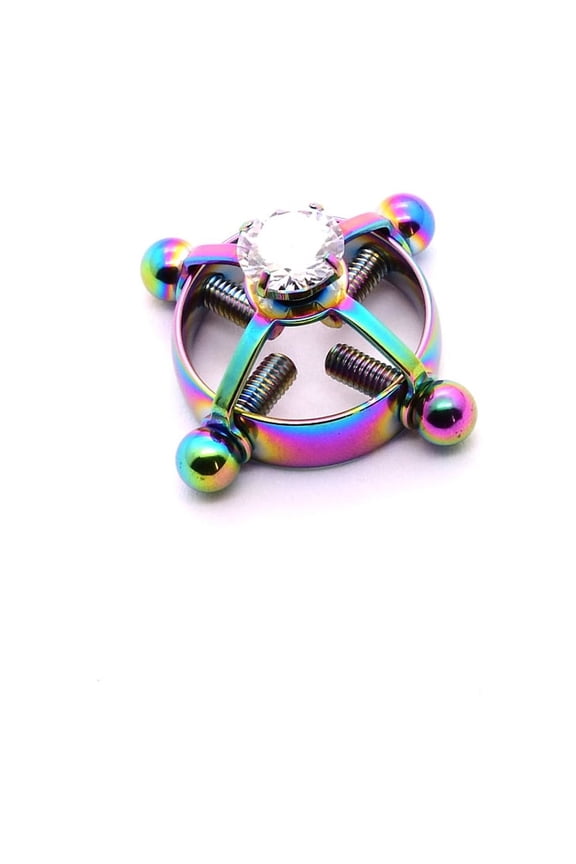 304 Stainless Steel Rhinestone Clip on Nipple Rings Flat Round Rainbow color 20x8x5mm 304 Stainless Steel